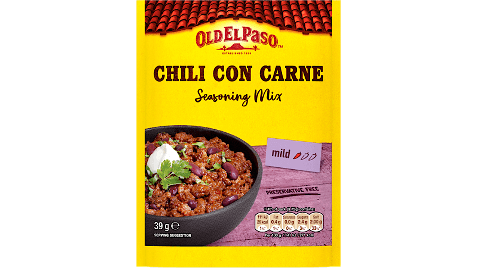 pack of Old El Paso's chili con carne seasoning mix (39g)